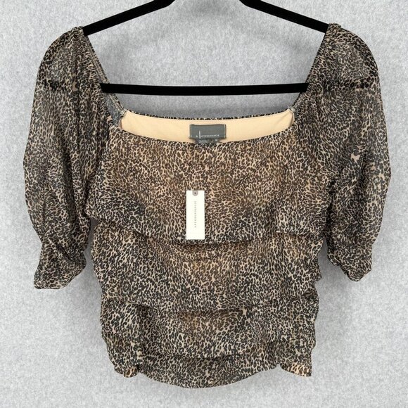 Anthropologie Womens Off-the-Shoulder Shirred Mesh Top Size XL Leopard Print NEW - Picture 1 of 12